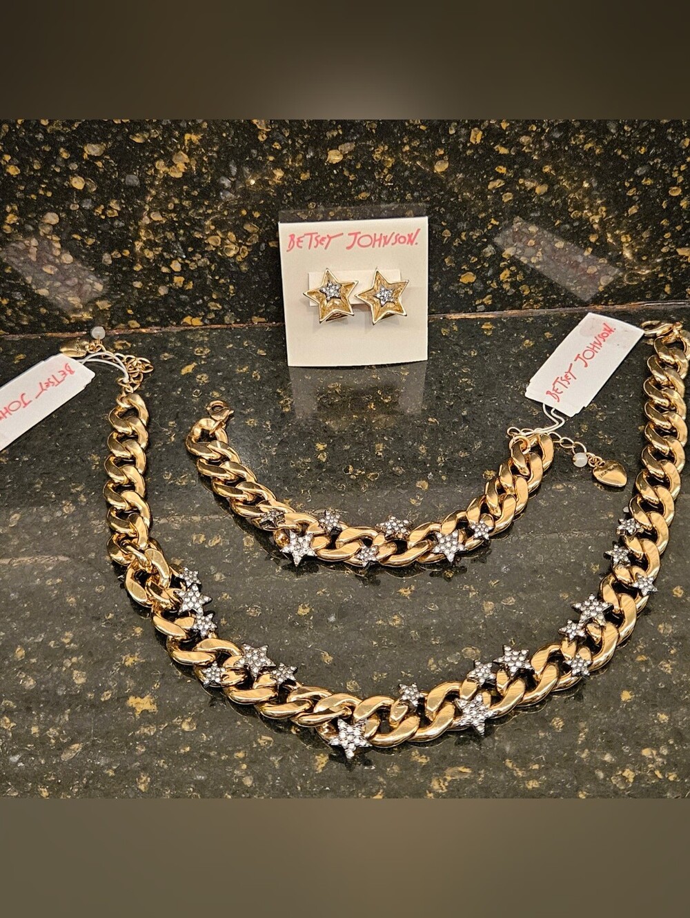 Betsey Johnson Gold Star Pavé Curb Chain Necklace Bracelet Earrings Set NWT